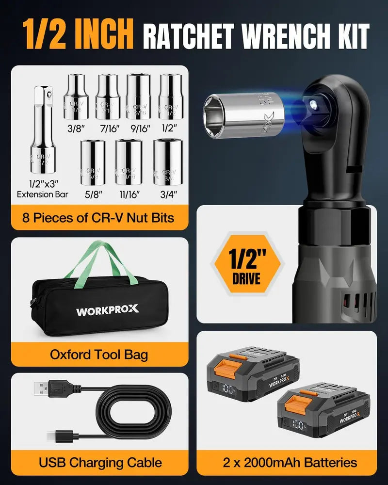 WORKPROX 20V Dual-Socket Cordless Ratchet Wrench Kit â€?1/2â€?& 3/8â€?Drive, 74 Ft-Lbs Torque, Includes Two Batteries