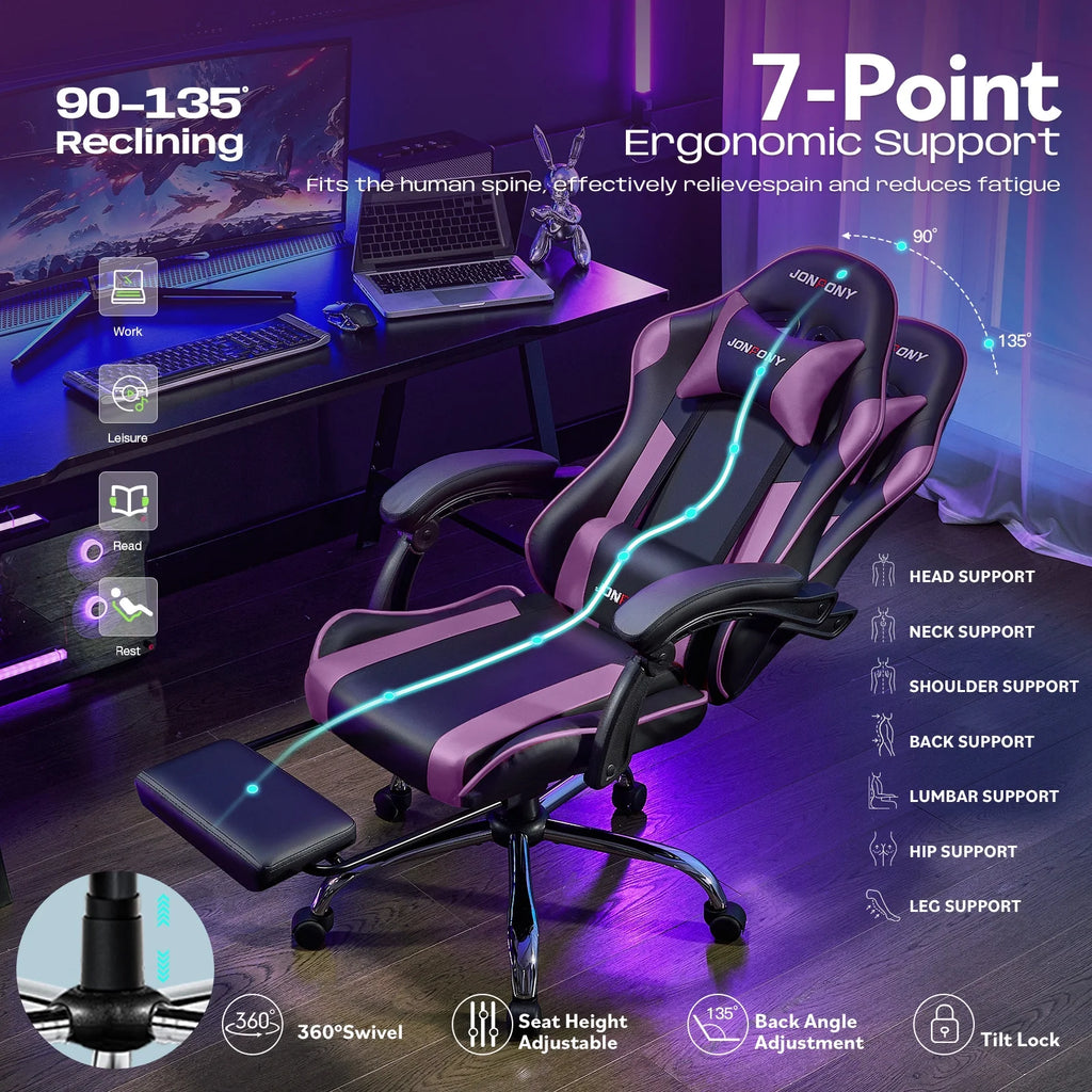 JONPONY Big and Tall Gaming Chair, Ergonomic Design, Gamer Chair PU Leather with Footrest and Lumbar Support, High Back Office Chair Support 8 Hours Long Sitting, Computer Chair, Black Grey