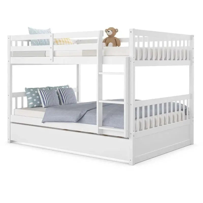 Solid Wood Full-Over-Full Bunk Bed with Trundle Drawer â€?Includes Safety Ladder, Guardrails & Convertible Design
