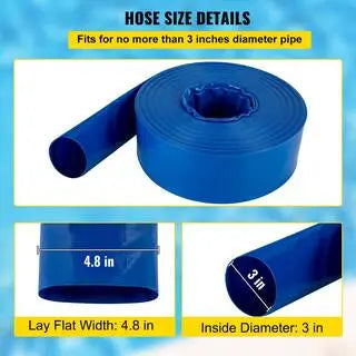 VEVOR Discharge Hose 3 in. Dia 53 ft. PVC Fabric Lay Flat Hose with Clamps Heavy Duty Backwash Drain Hose Burst-Proof Blue YCFCXR3X50PVCONA0V0