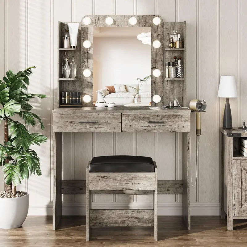 Vabches Power-Enabled Vanity Desk Set â€?Lighted Mirror, Built-in Surge Protector, and Dressing Table Combo