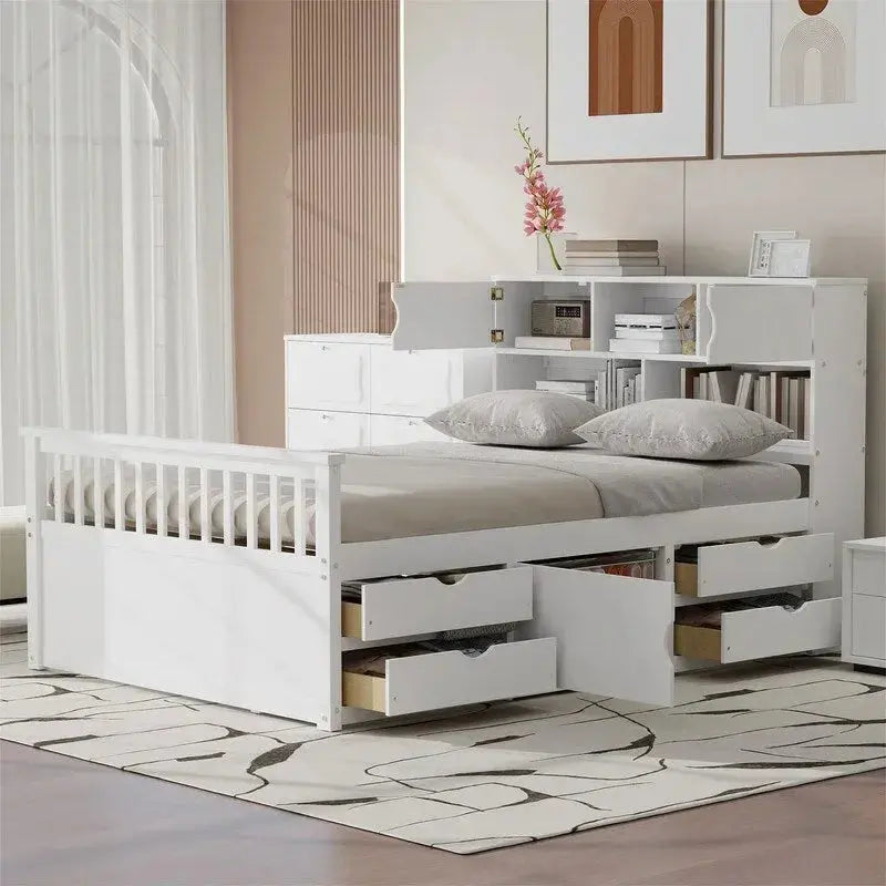 Twin/Full Captain Platform Bed â€?Solid Wood Frame with Integrated Storage: Four Drawers + Bookcase-Style Headboard with Shelves