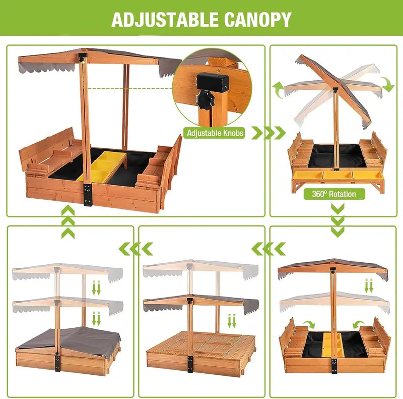 Wooden Outdoor Sandbox with Retractable Canopy â€?47â€?x 47â€?Sandpit Featuring Two Foldable Benches & Protective Liner