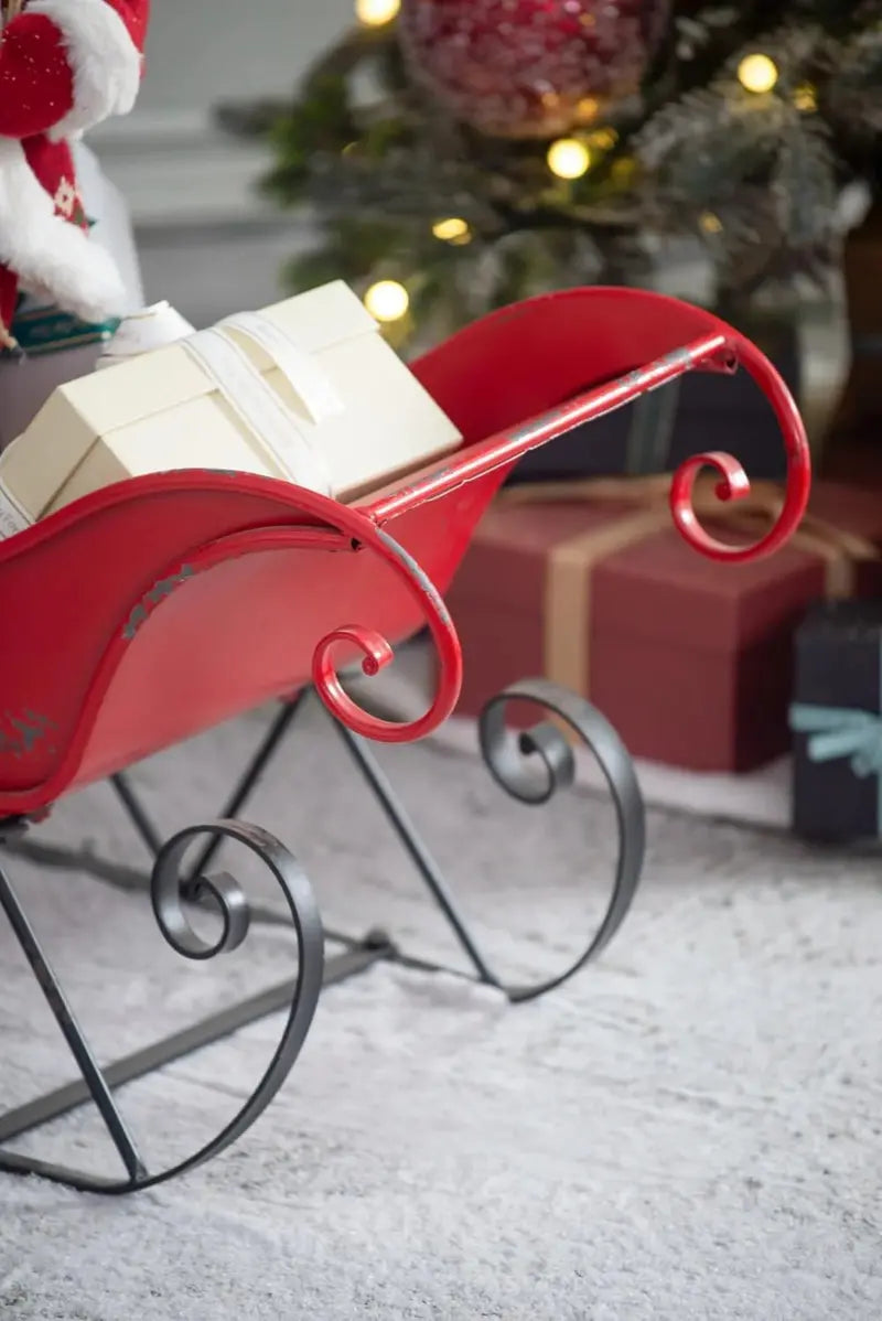Vintage-Style Outdoor Christmas Sleigh Decor â€?39-Inch Red Metal Santa Sleigh for Garden or Patio