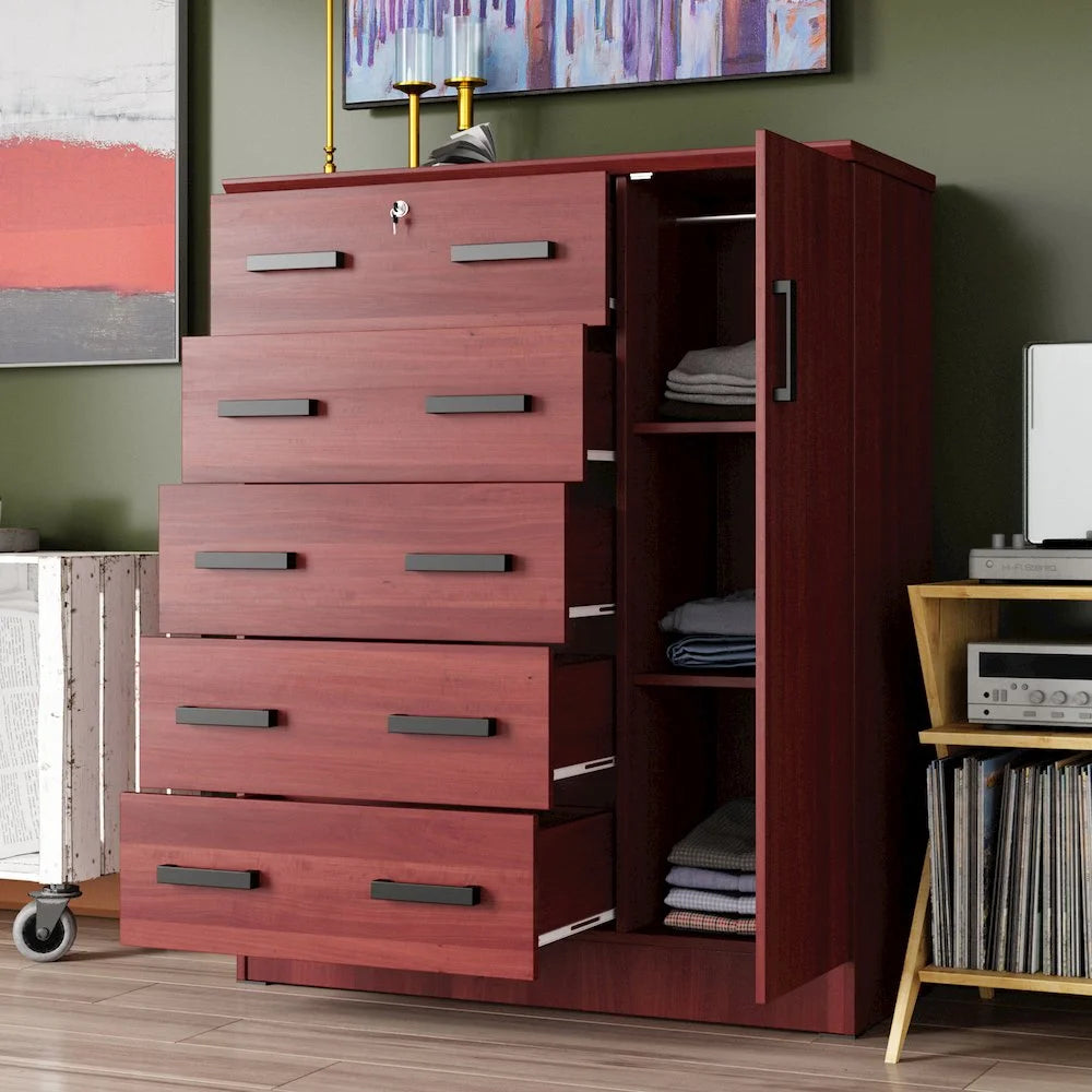 Better Home Products JCF Sofie 5 Drawer Wooden Tall Chest Wardrobe in Mahogany