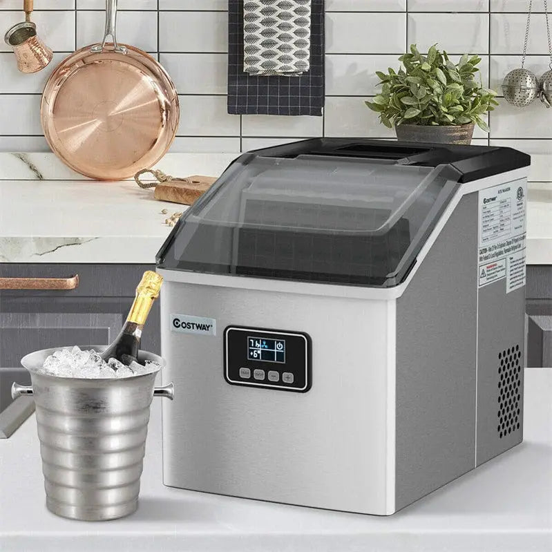 Stainless Steel Countertop Ice Maker â€?48LB/24H Output, LCD Display, Self-Cleaning Function & Ice Scoop Basket