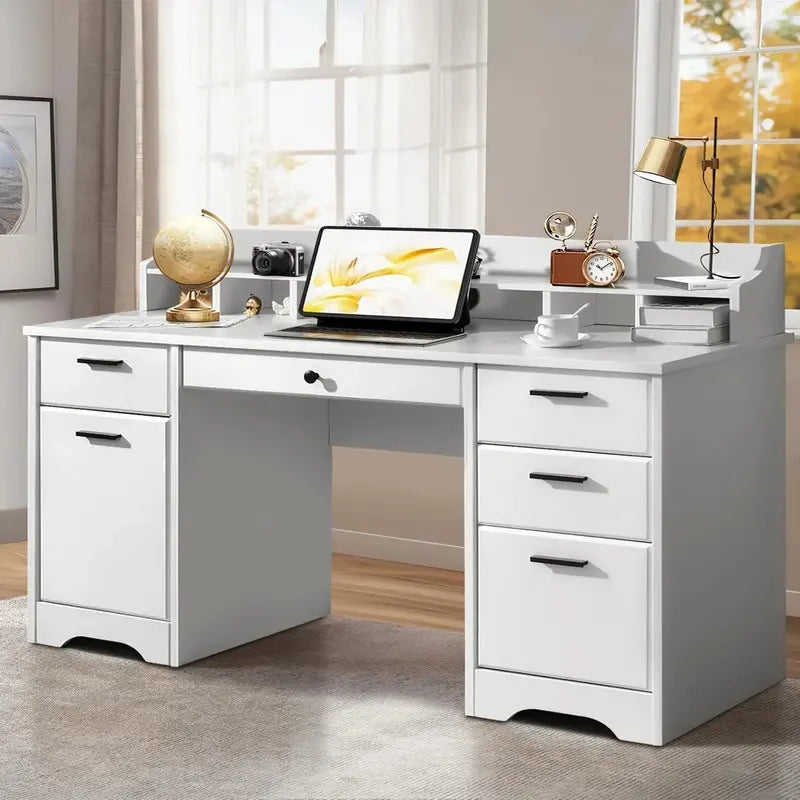 Vintage-Style Executive Desk with Storage â€?58-Inch Wood Writing Desk Featuring Six Drawers and File Cabinet
