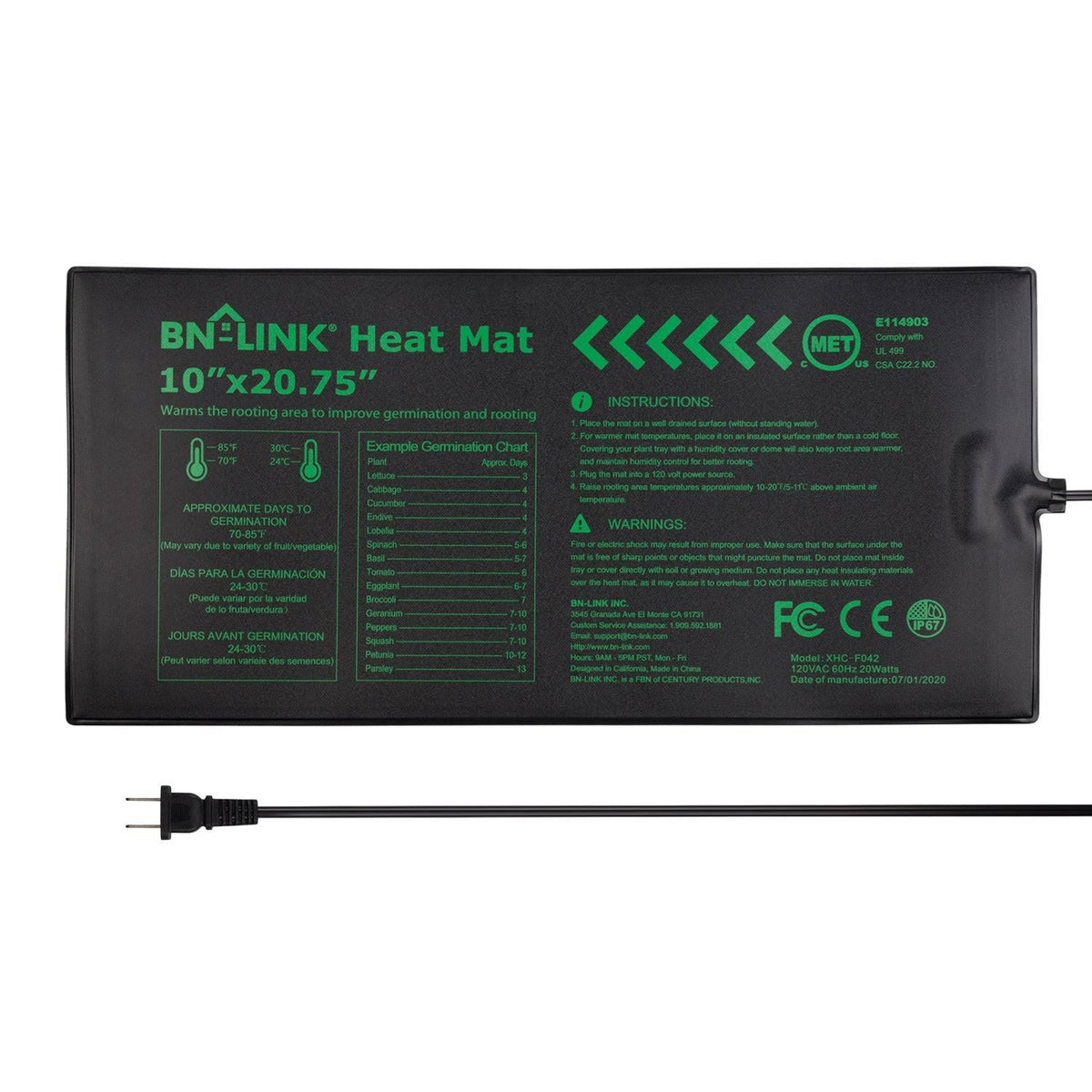 BN-LINK Durable Seedling Heat Mat Warm Hydroponic Heating Pad Waterproof 10" x 20.75" for Seed Starting Greenhouse and Germination