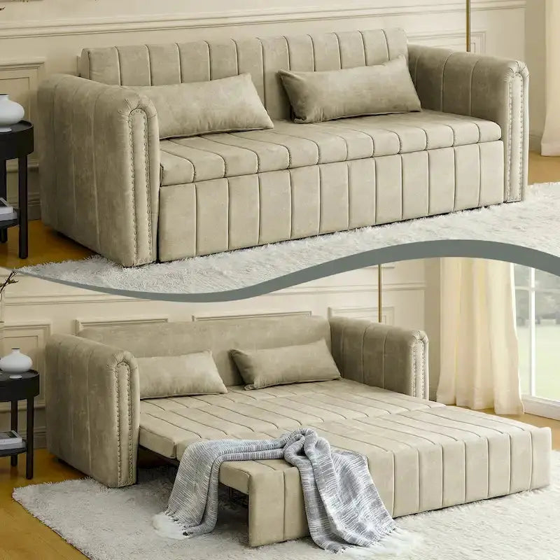 Velvet Upholstered Lounge Sleeper Sofa â€?Modern Rolled Arms with Decorative Copper Nailhead Trim