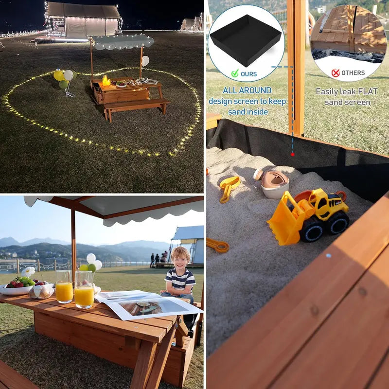 Wooden Outdoor Sandbox with Lid & Picnic Table â€?Foldable Sandpit with Protective Cover