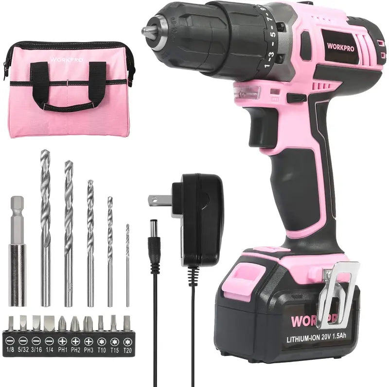 WORKPRO 20V Pink Lithium-Ion Cordless Drill Driver Kit â€?Pink Ribbon Edition