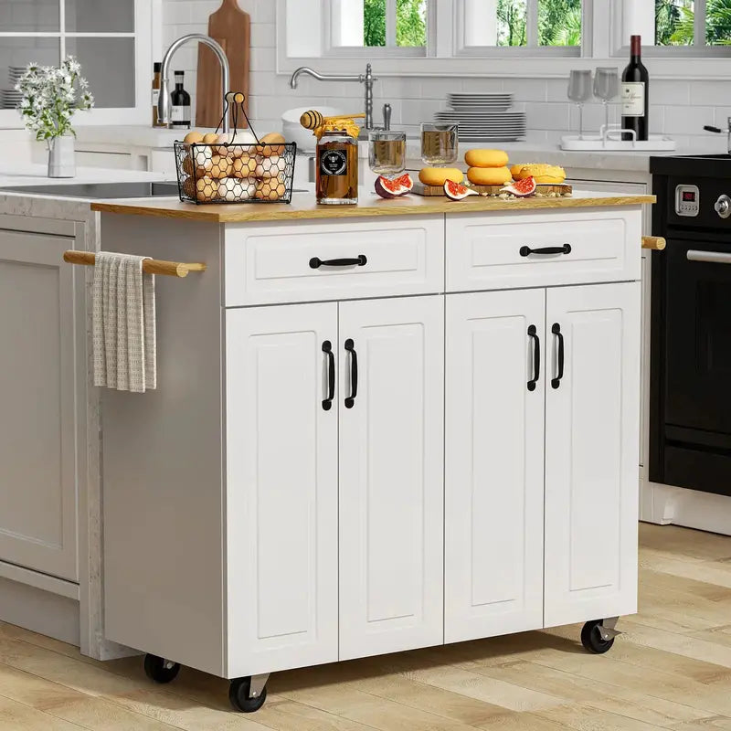 White Rolling Kitchen Island Cart with Storage â€?Wooden Countertop, 2 Drawers, 4 Cabinets, Towel Racks & Adjustable Shelves