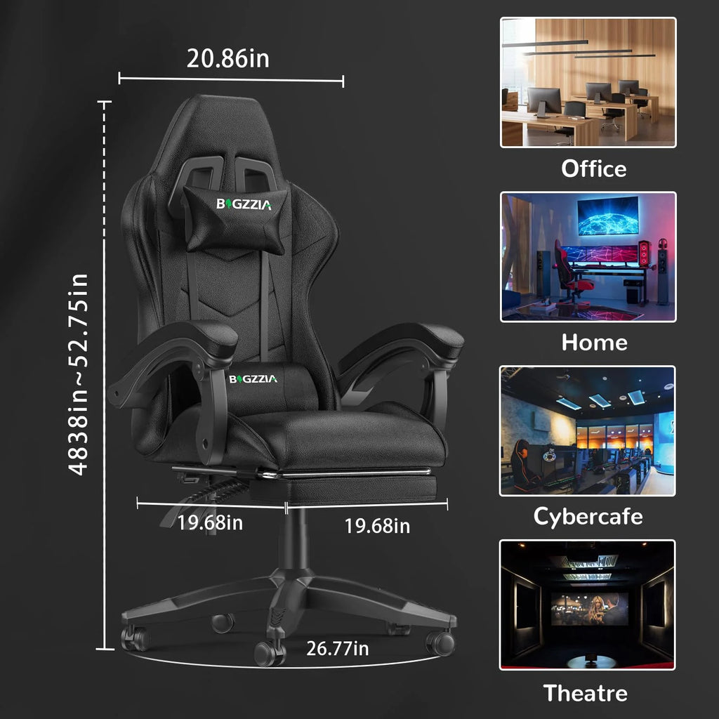 Bigzzia Gaming Chair Office Chair, Ergonomic Game Chair with Height Adjustable Headrest and Lumbar Support for Adults Teens, Black & White
