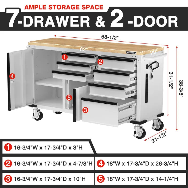 WORKPRO Heavy-Duty Rolling Tool Cabinet â€?7-Drawer, 2-Door, 1000 lb Capacity with Locking System & Power Strip