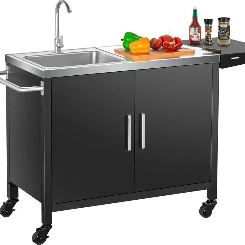 Stainless Steel Outdoor Grill Table with Built-In Sink â€?Multi-Function Metal Kitchen Island Cart