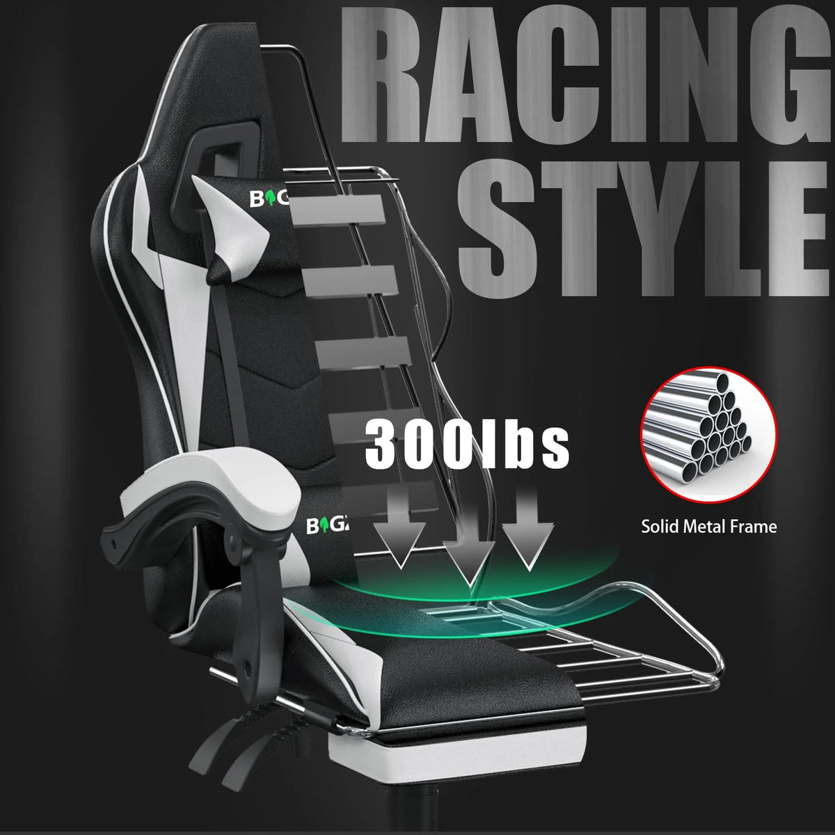 Bigzzia Gaming Chair Office Chair, Ergonomic Game Chair with Height Adjustable Headrest and Lumbar Support for Adults Teens, Black & White