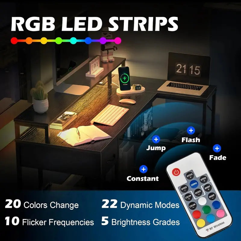 SUPERJARE L-Shaped Gaming Desk â€?RGB LED Lighting & Ergonomic Design