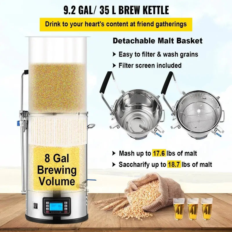 VEVOR 35L All-in-One Electric Brewing System â€?9.2-Gallon Home Beer Brewing Kit with Pump