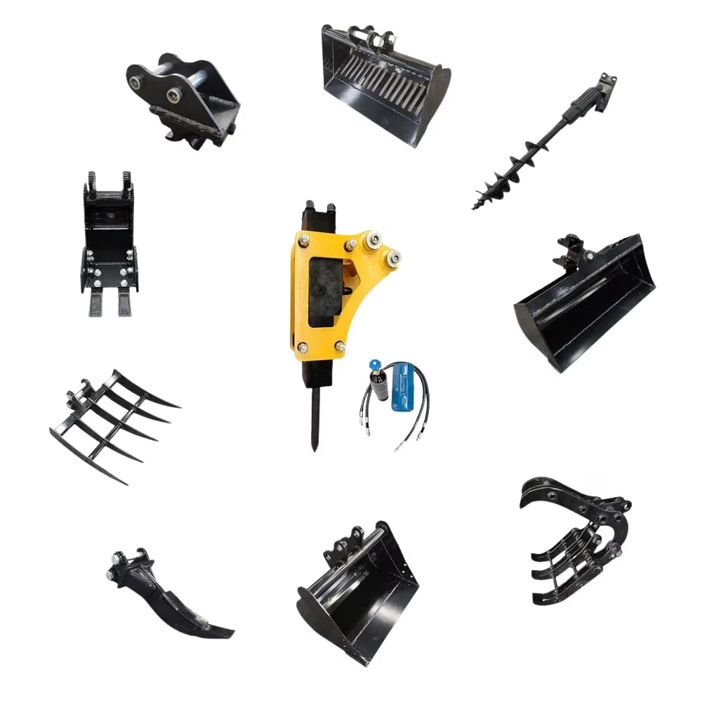 TYPHON 10 - in - 1 Mini Excavator Attachment Bundle - Quick Coupler, Buckets, Rake, Ripper, Auger, Grapple, Tilt Bucket & Hydraulic Hammer - Fits 0.6 - 2 Ton Excavators, Heavy - Duty Tools Kit