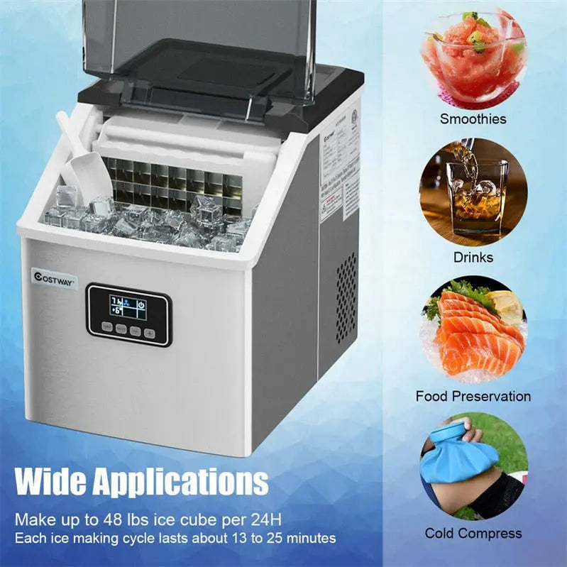 Stainless Steel Countertop Ice Maker â€?48LB/24H Output, LCD Display, Self-Cleaning Function & Ice Scoop Basket