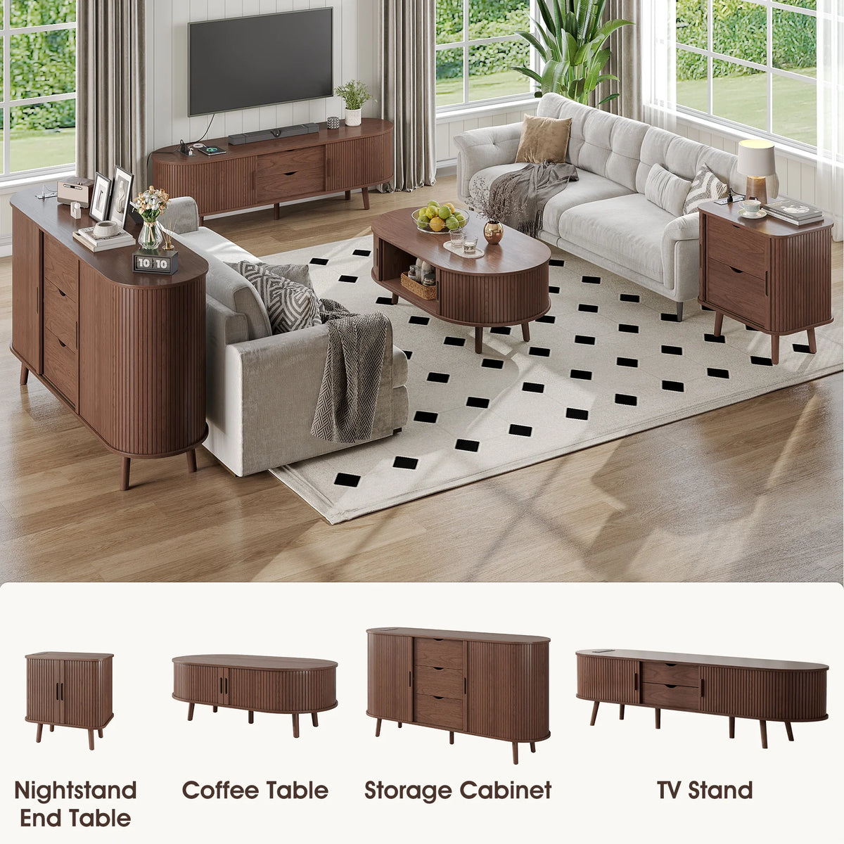 Oval Coffee Table, 42.5" Drum Coffee Table with Sliding Tambour Door, Fluted Accent Center Table with Storage, Mid Century Modern Coffee Table for Living Room, Center Table Walnut