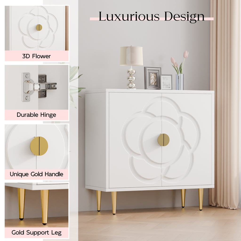 Tolead Modern Sideboard Buffet Cabinet with Flower Pattern Panel, 6 Shelves, White