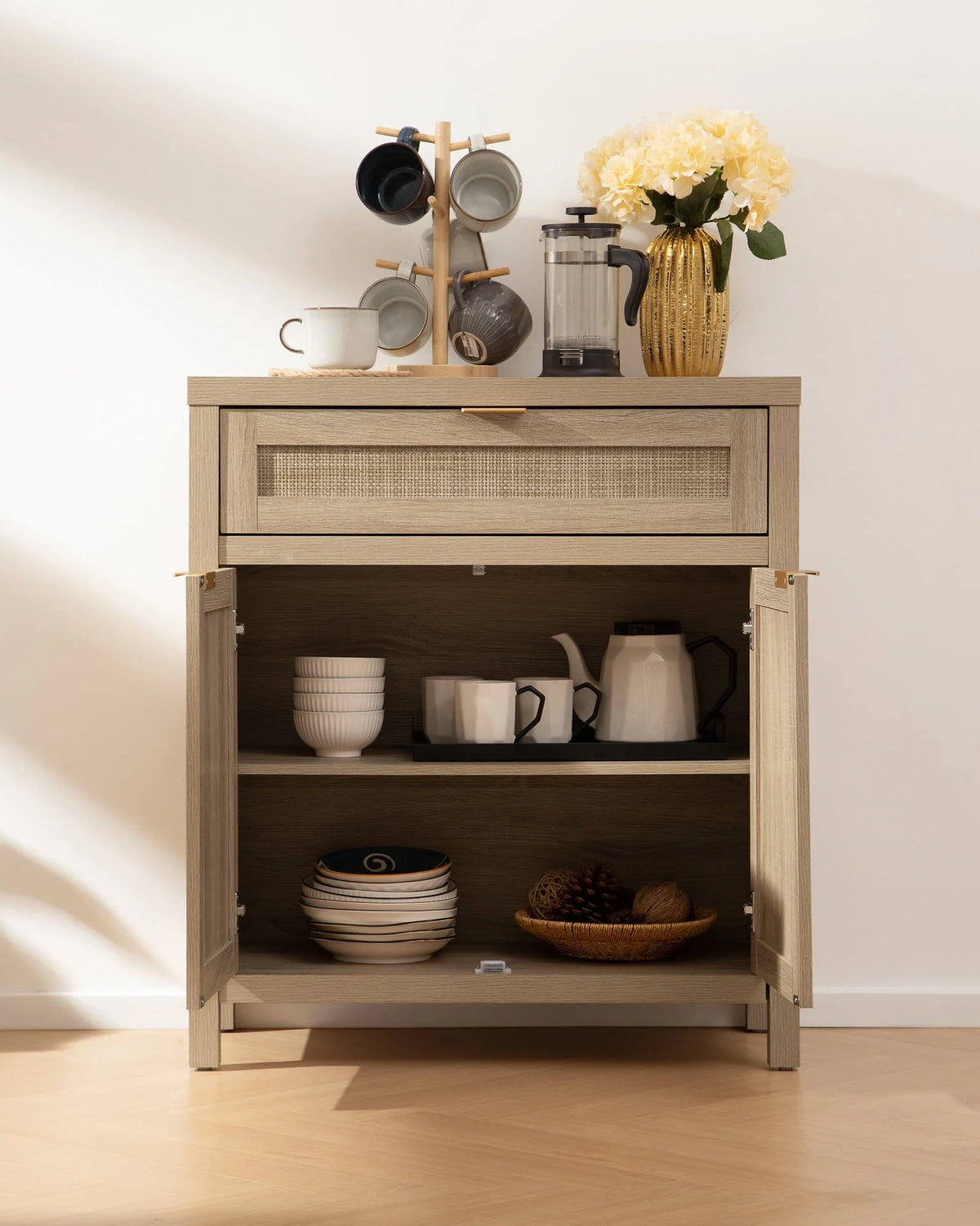 Nopurs Rattan Sideboard Buffet Cabinet, Boho Storage Cabinet Buffet Table with Doors and Drawer, Coffee Bar Cabinet for Kitchen Entryway Living Dining Room, Light Oak