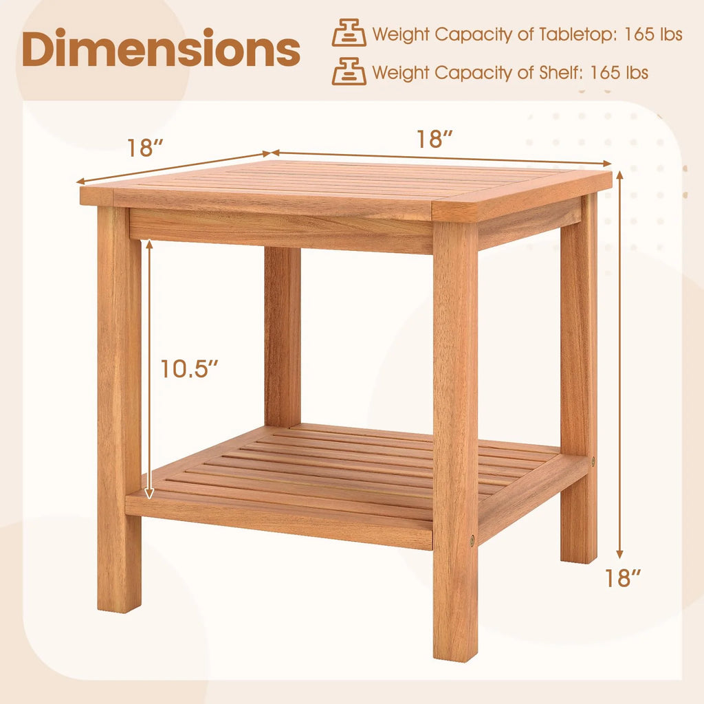 Tangkula 2 Tier Acacia Wood Square End Table with Slatted Tabletop & Storage Shelf