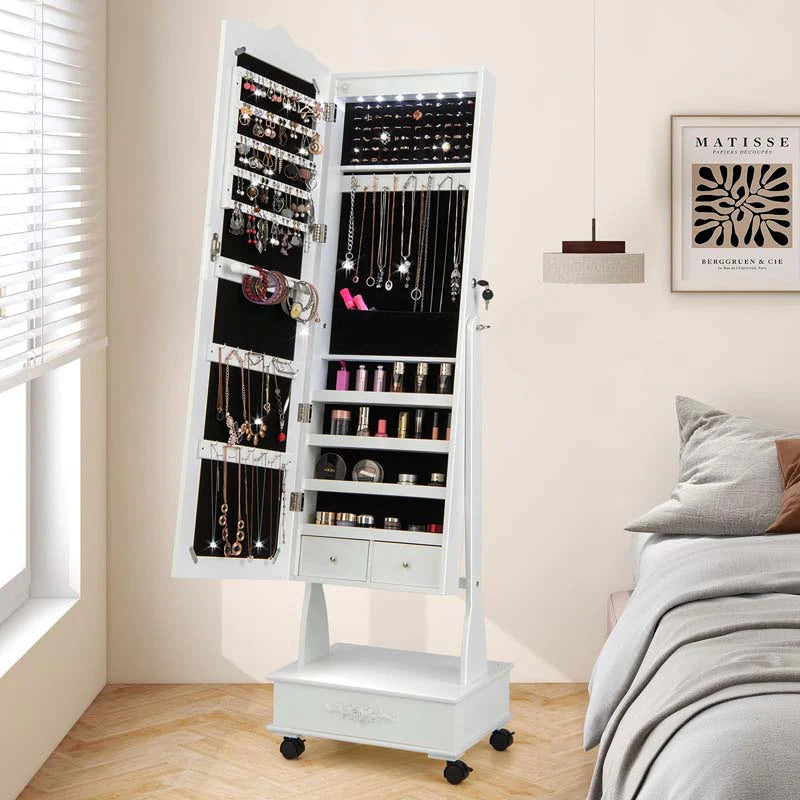 Standing Jewelry Armoire with Full-Length Mirror, Drawers, Lights & Wheels, Lockable Mirror Jewelry Cabinet Storage Organizer