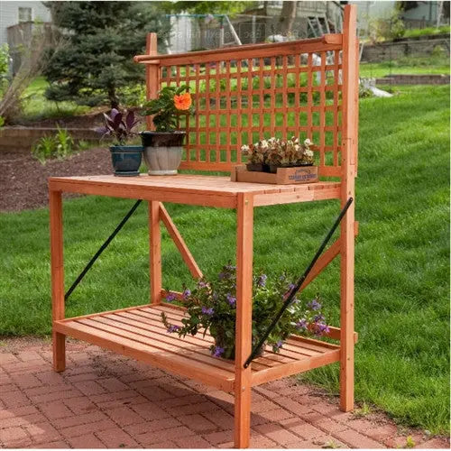 Weather-Resistant Fir Wood Potting Bench â€?Outdoor Garden Table with Lattice Back & Shelf Storage