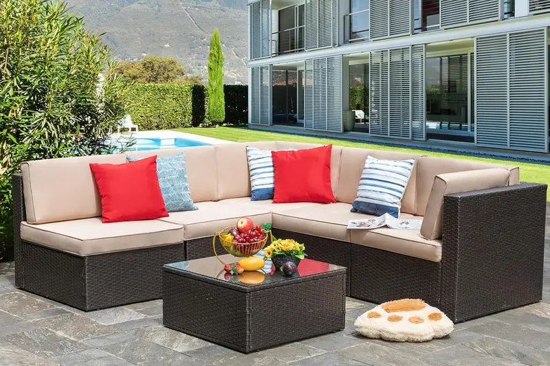 Vongrasig 5-Piece All-Weather PE Rattan Sectional with Ottoman & Glass Coffee Table