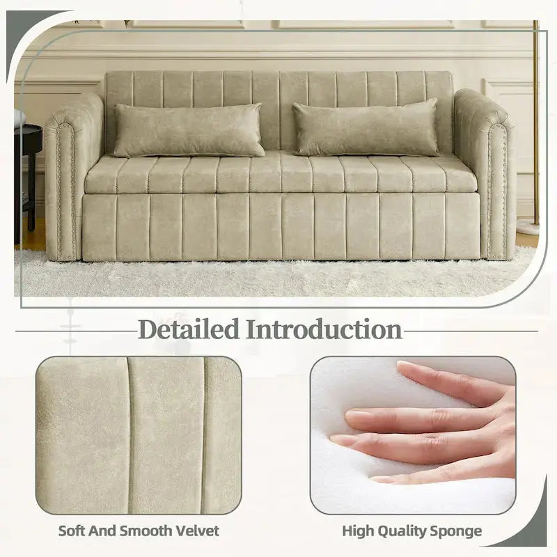 Velvet Upholstered Lounge Sleeper Sofa â€?Modern Rolled Arms with Decorative Copper Nailhead Trim