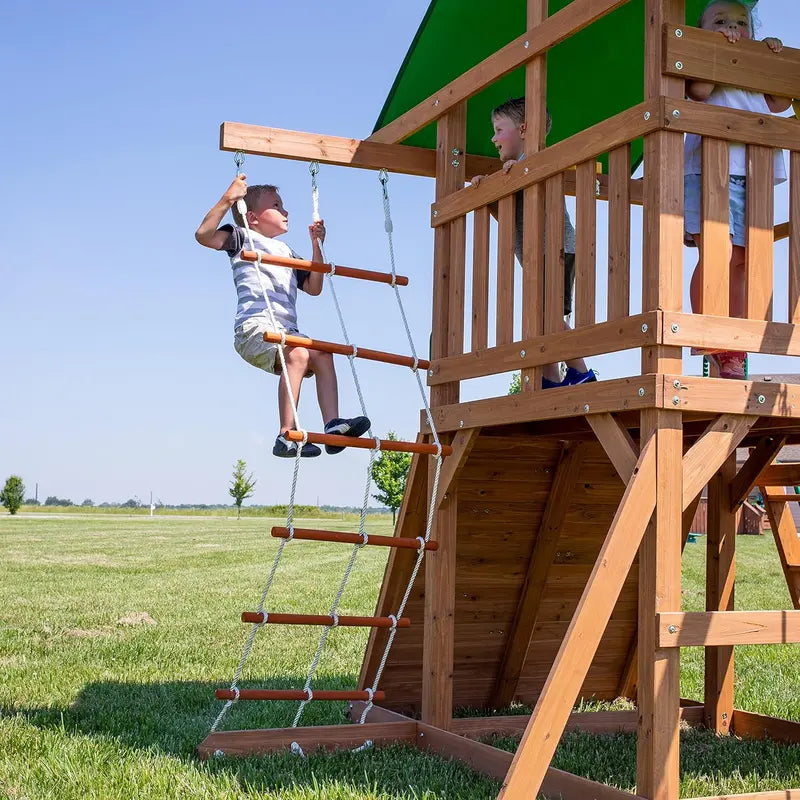 Wooden Mountain-Style Outdoor Swing Set â€?Includes Wave Slide, Rope & Net Swings, Climbing Wall & Canopy