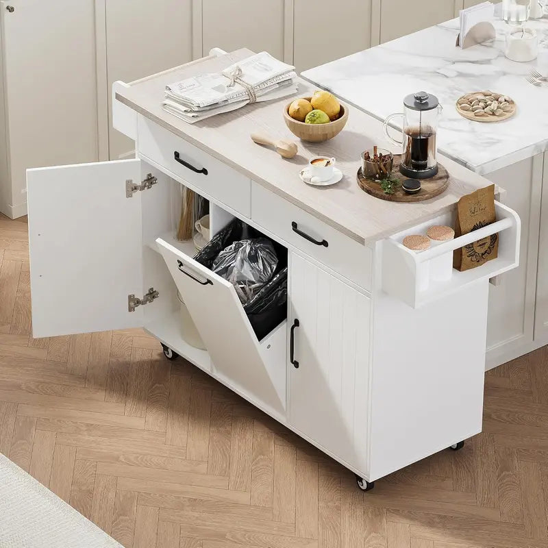 White Rotating Kitchen Island Cart â€?Foldable-Leg Trolley with Trash Bin, Towel Bar, Drawers, and Internal Shelves