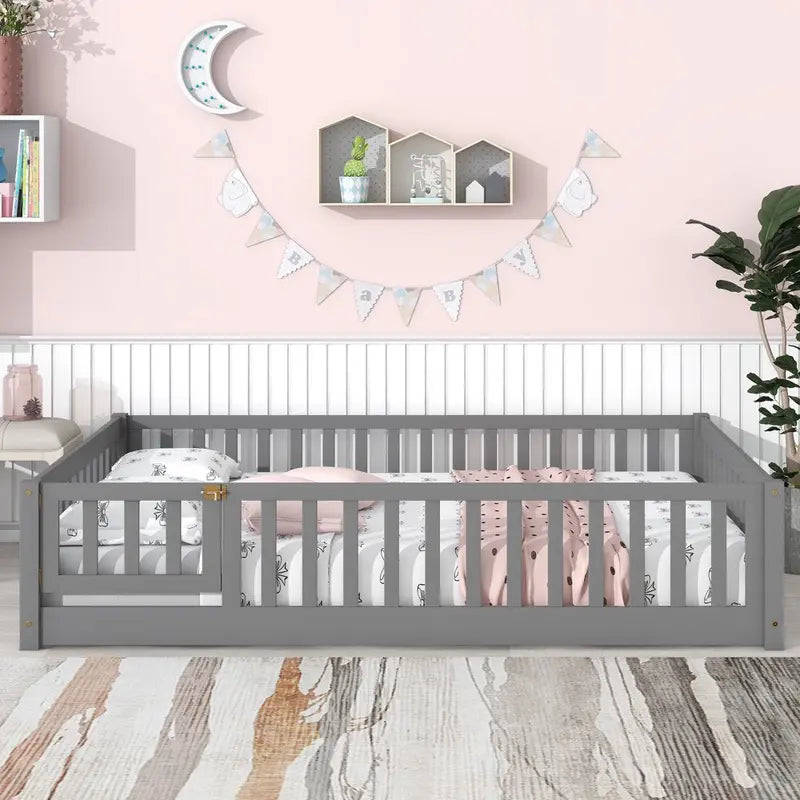 Uhomepro Full-Size Kids Floor Bed â€?Pine Wood Playhouse Design with Fence & Door