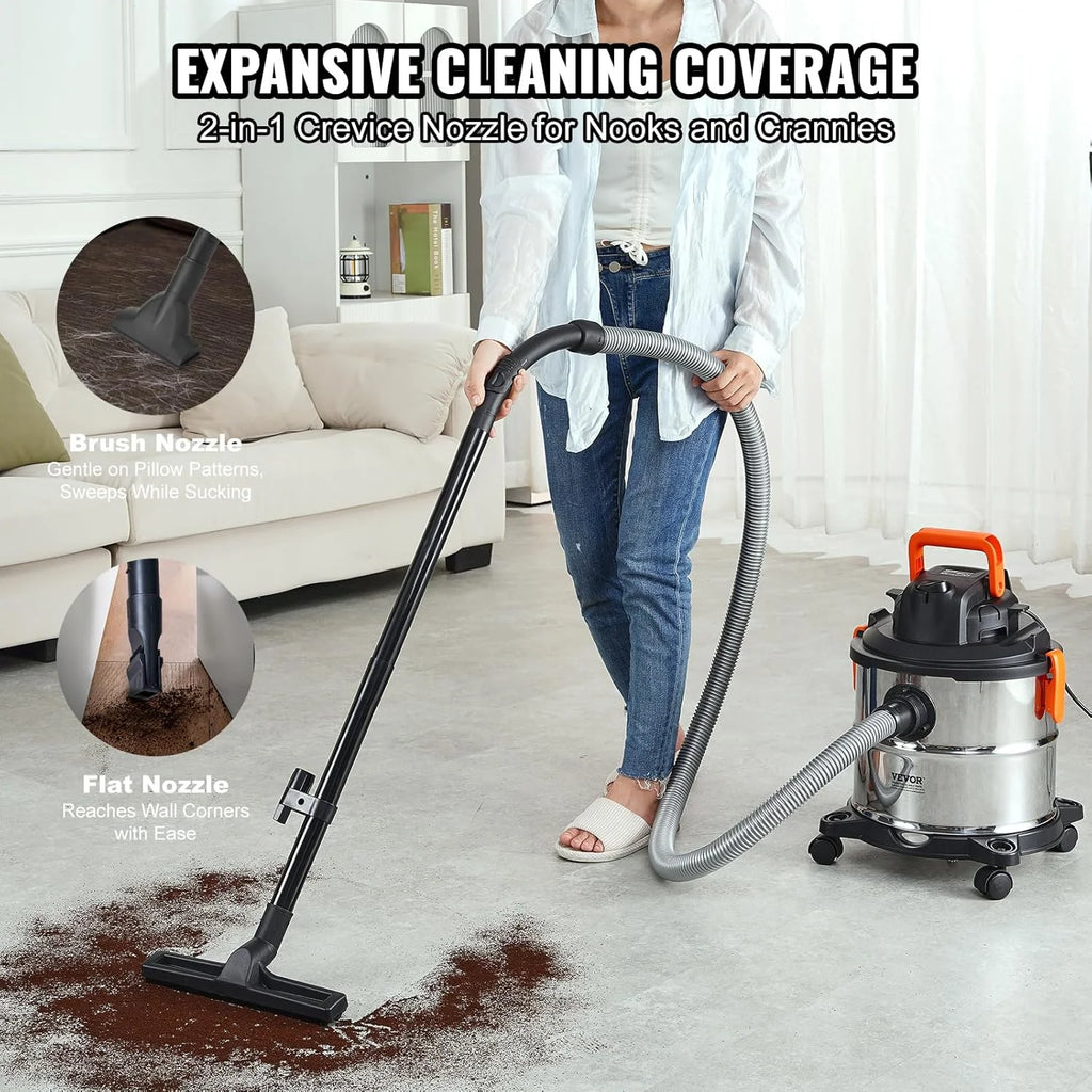 Stainless Steel Wet Dry Shop Vacuum, 5.5 Gallon 6 Peak HP Wet/Dry Vac, Powerful Suction with Blower Function W/Attachment 2 - in - 1 Crevice Nozzle, Small Vac Perfect for Carpet Debris, Pet Hair