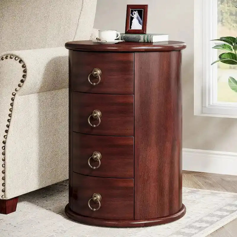 Vintage-Inspired Solid Wood End Table â€?No-Assembly Round Side Table with Hidden Drawer