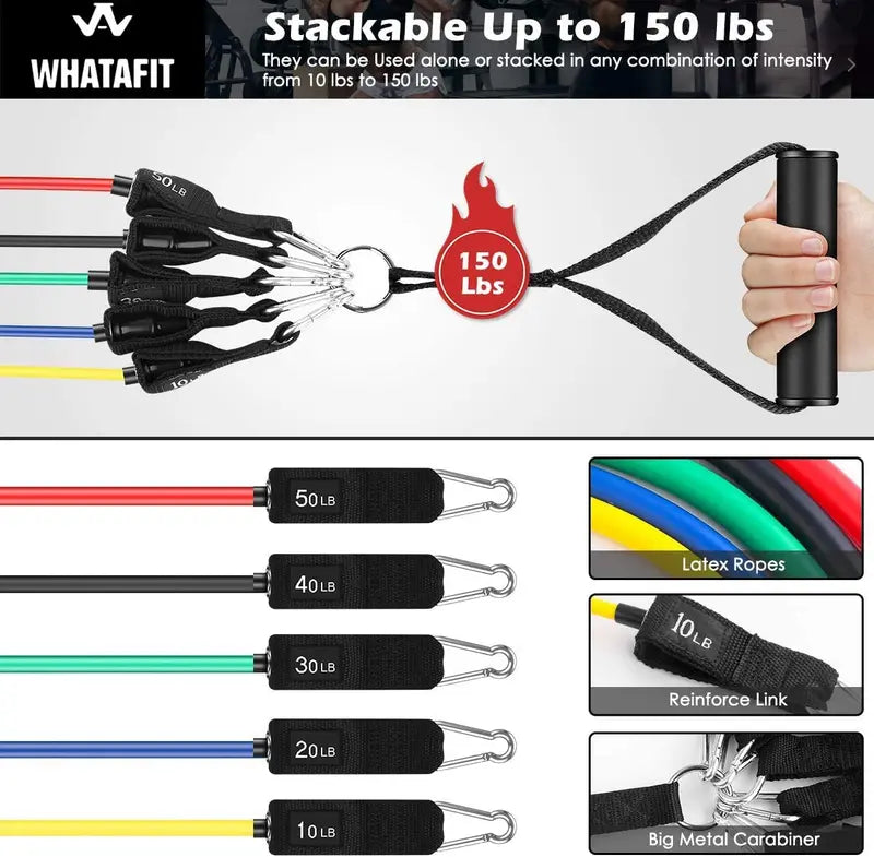Whatafit Resistance Bands Set â€?100% Natural Latex, Adjustable Up to 150 lbs, Portable Home Gym with Accessories
