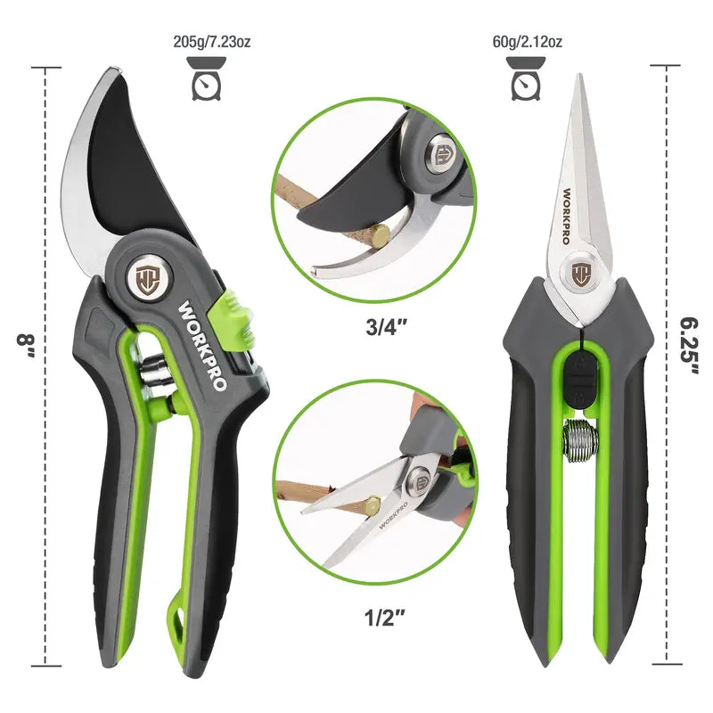 WORKPRO 8-Inch Bypass Pruning Shears & 6.25-Inch Straight Garden Scissors â€?2-Piece Set