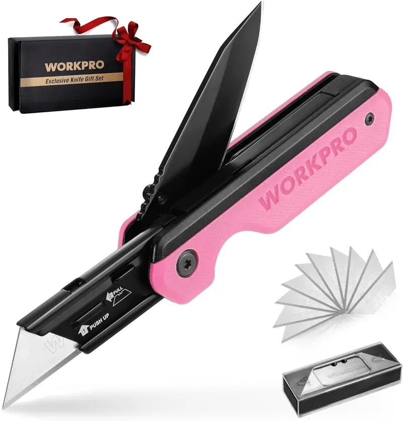 WORKPRO 2-in-1 Folding Utility Knife â€?Quick-Change Box Cutter with G10 Handle & 10 Blades