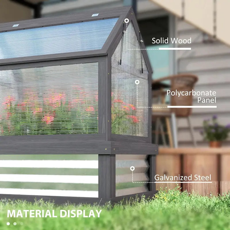 Wooden Raised Garden Bed with Polycarbonate Peak-Roof Greenhouse â€?35.5â€?x 22.5â€?x 38.25â€? Gray