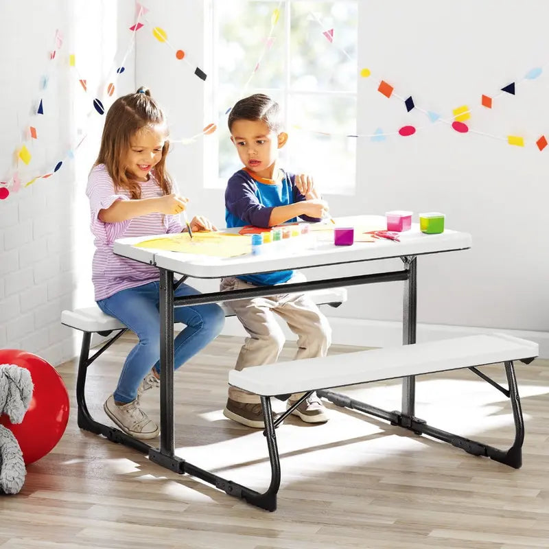 Your Zone Kids Folding Activity Table Set â€?White Table with Benches, Easy-Store Design for Ages 3â€?
