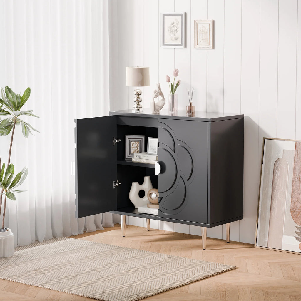 Tolead Modern Sideboard Buffet Cabinet with Flower Pattern Panel, 6 Shelves, White