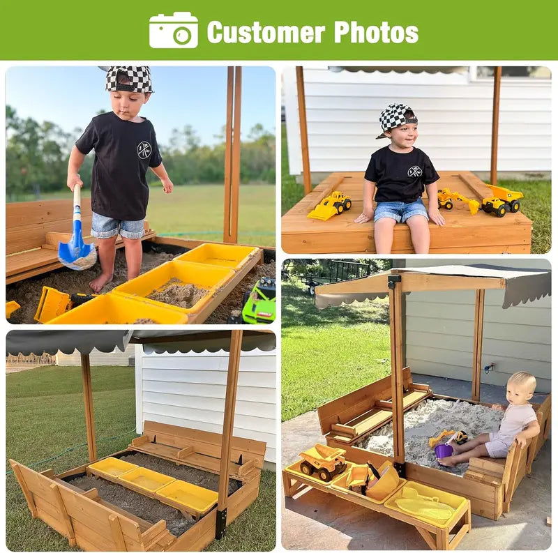 Wooden Outdoor Sandbox with Retractable Canopy â€?47â€?x 47â€?Sandpit Featuring Two Foldable Benches & Protective Liner