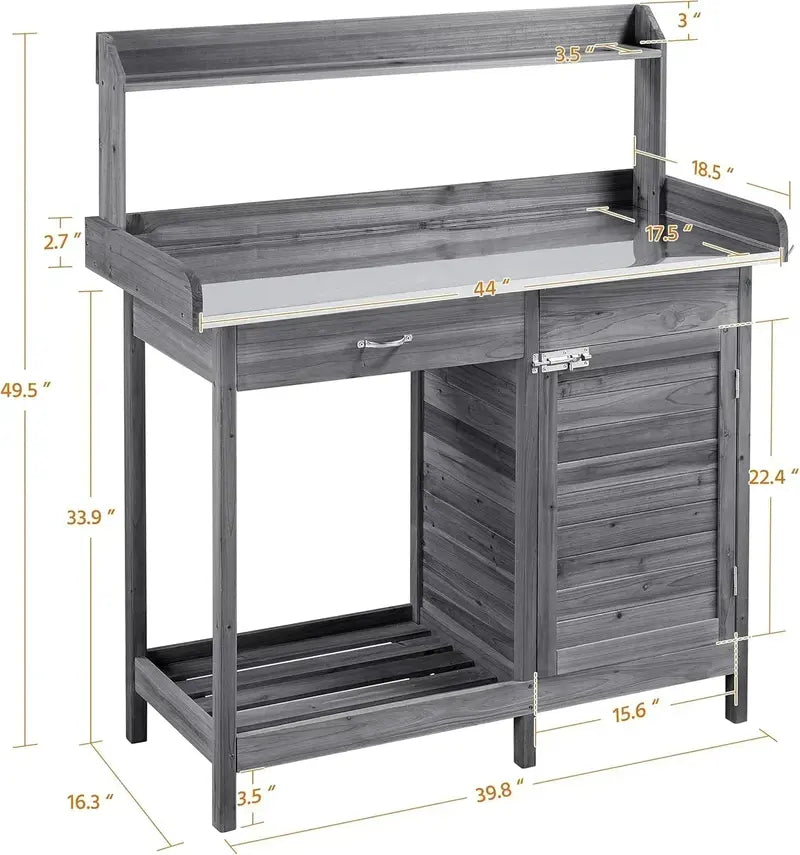 Yaheetech Garden Potting Bench â€?Outdoor Work Table with Metal Frame, Cabinet & Pull-Out Drawer