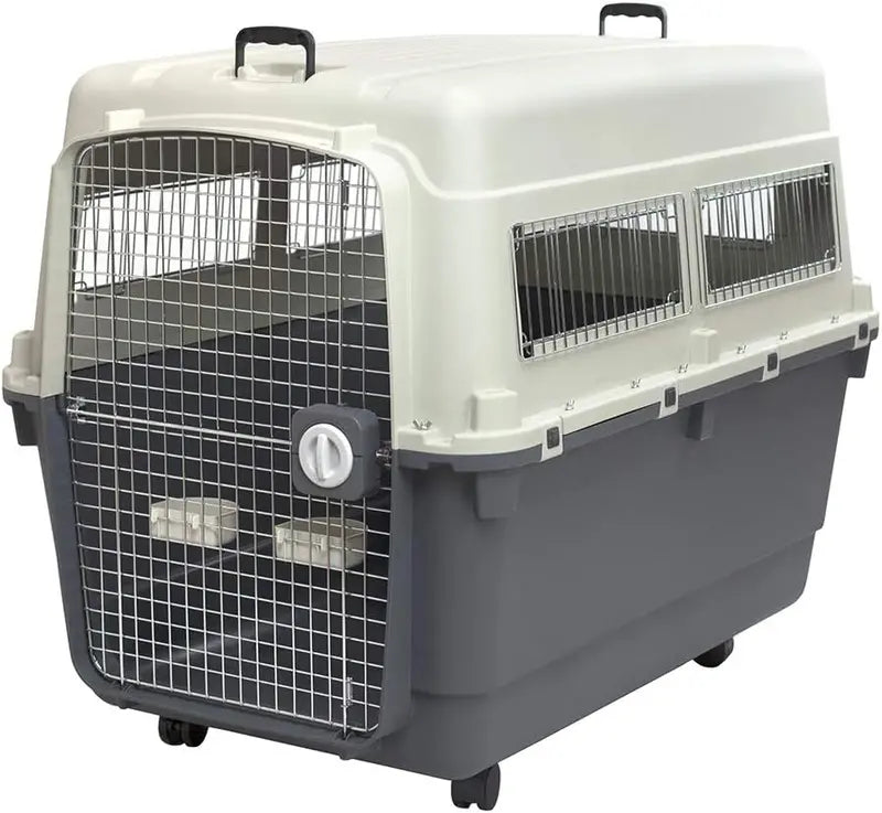 SportPet Designs Rolling Travel Dog Crate â€?Airline-Approved Plastic Kennel with Wire Door, XXX-Large Size, Gray