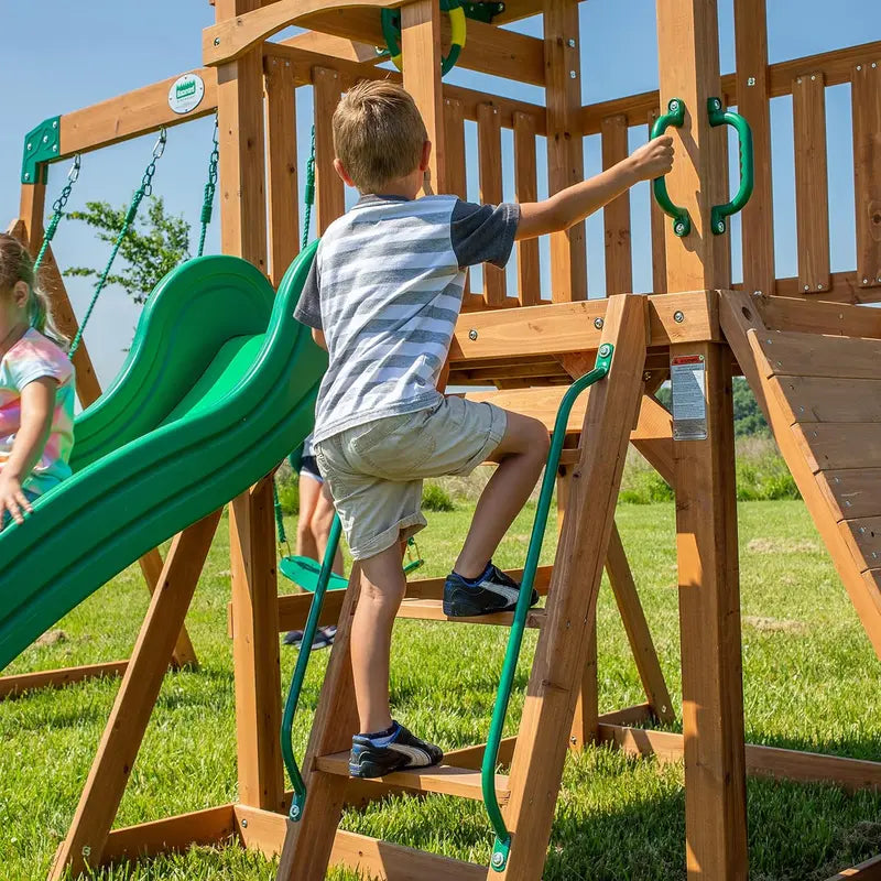 Wooden Mountain-Style Outdoor Swing Set â€?Includes Wave Slide, Rope & Net Swings, Climbing Wall & Canopy