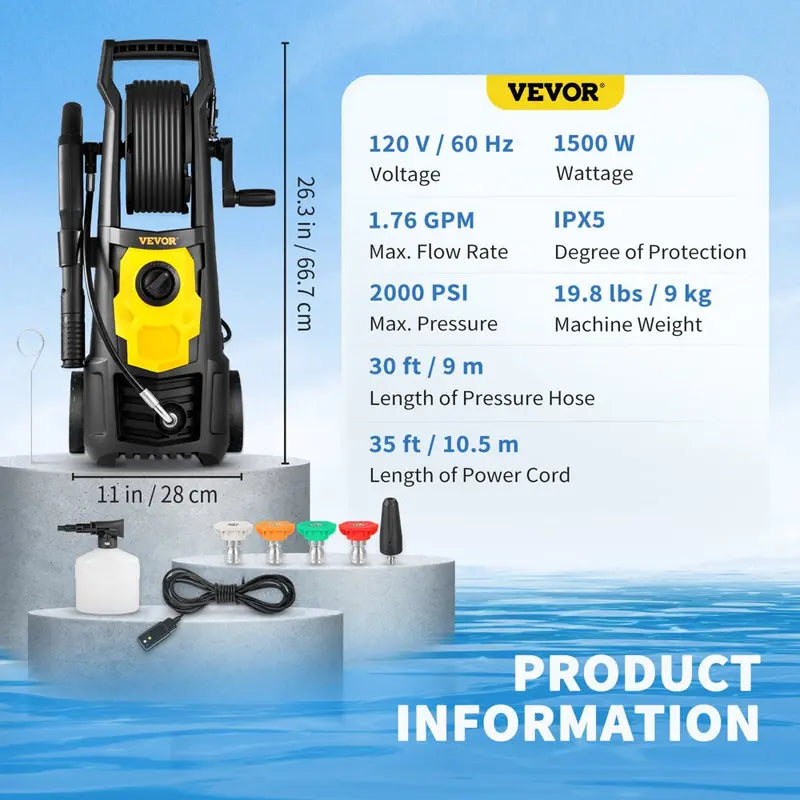 VEVOR Electric Pressure Washer, 2000 PSI, Max. 1.76 GPM Power Washer W/ 30 Ft Hose   Reel