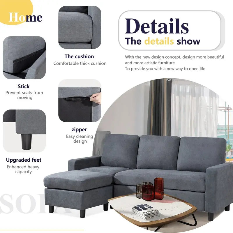 Walsunny Convertible Sectional Sofa Couch, L-Shaped Couch with Modern Linen Fabric