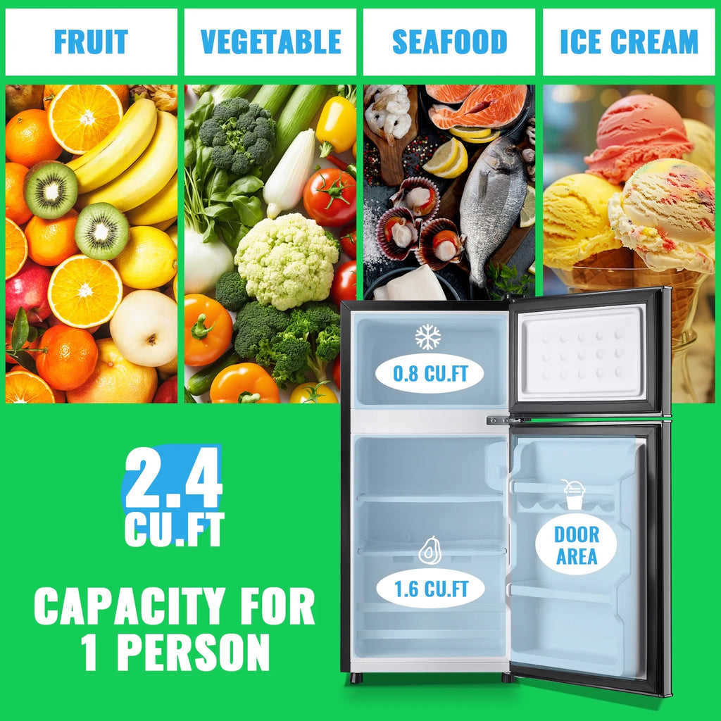 DEMULLER 2.4 Cu.ft Refrigerator Mini Fridge with Freezer Dual Door Personal Fridge New Silver Sale